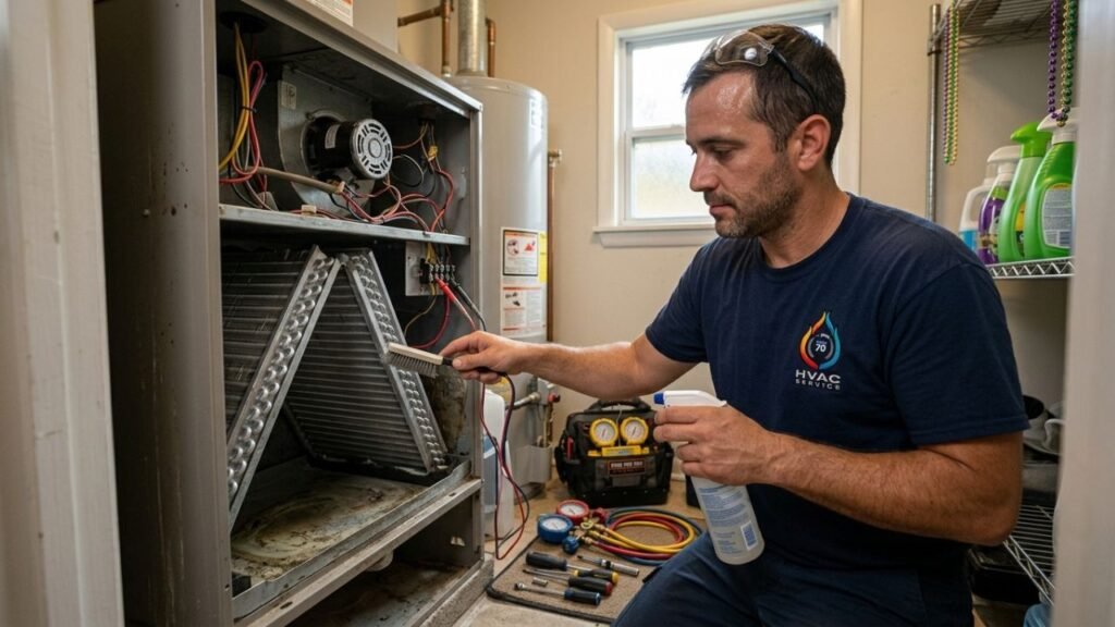 HVAC technician performing regular maintenance in New Orleans home