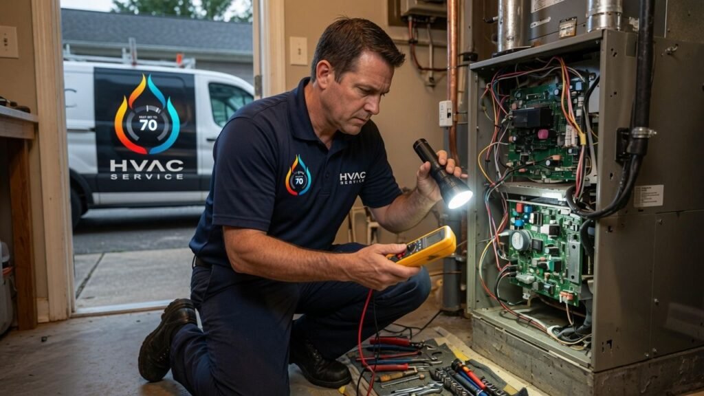 HVAC technician performing same-day heating repair diagnosis