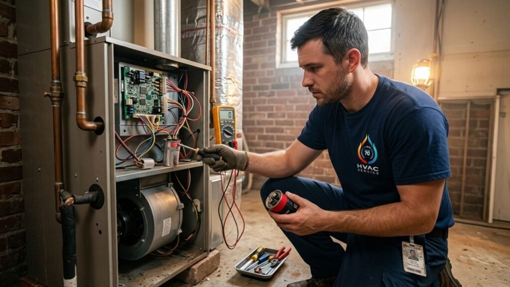 HVAC technician repairing sudden heating system failure in Pearl River home