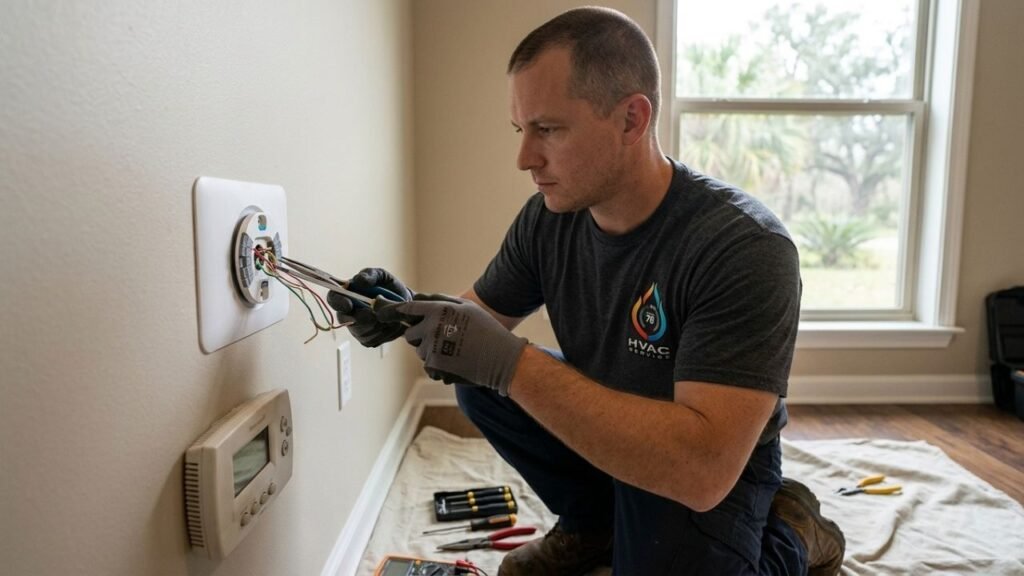 HVAC technician replacing faulty thermostat to fix heating problems