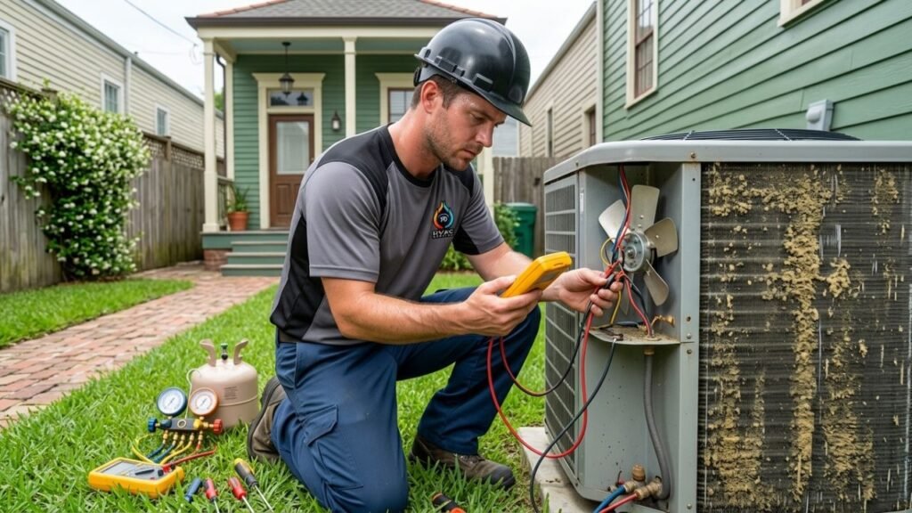 HVAC technician troubleshooting outdoor AC unit that won’t cool in New Orleans