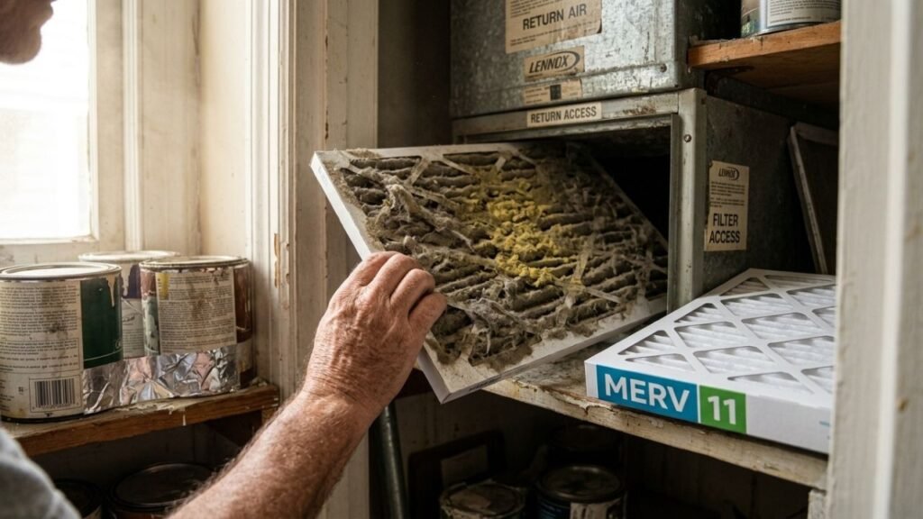 Homeowner replacing air filter as part of AC maintenance