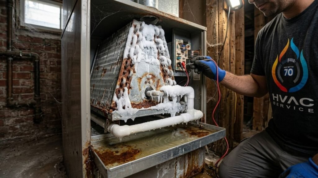 Ice buildup and failure signs on heating system in New Orleans home