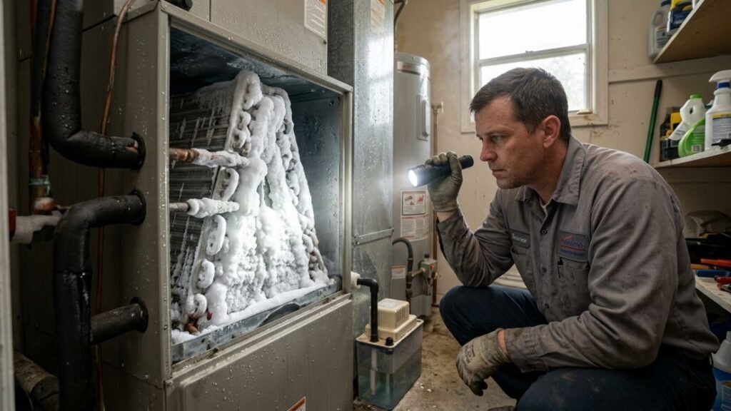 Ice buildup on AC evaporator coil due to low refrigerant in Gretna home