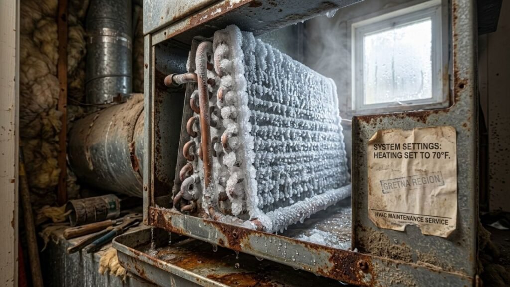 Ice buildup on AC evaporator coil — early sign of failure in Gretna home