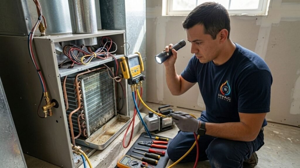 Licensed HVAC contractor diagnosing system issue in Mandeville home