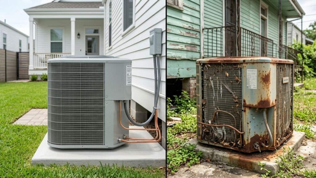 New versus old air conditioner showing lifespan difference in New Orleans