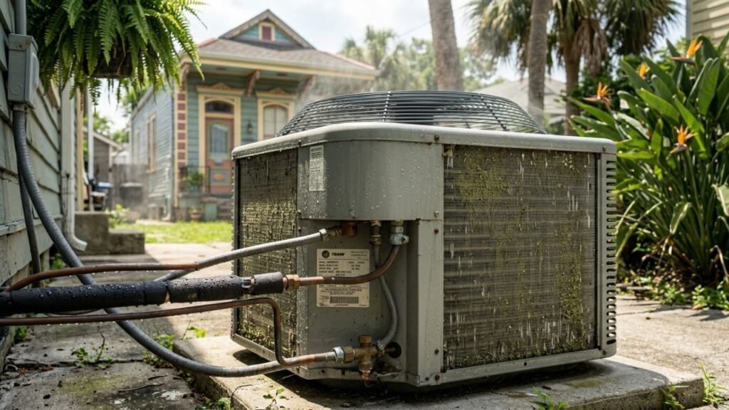 Outdoor AC condenser unit constantly running in New Orleans heat