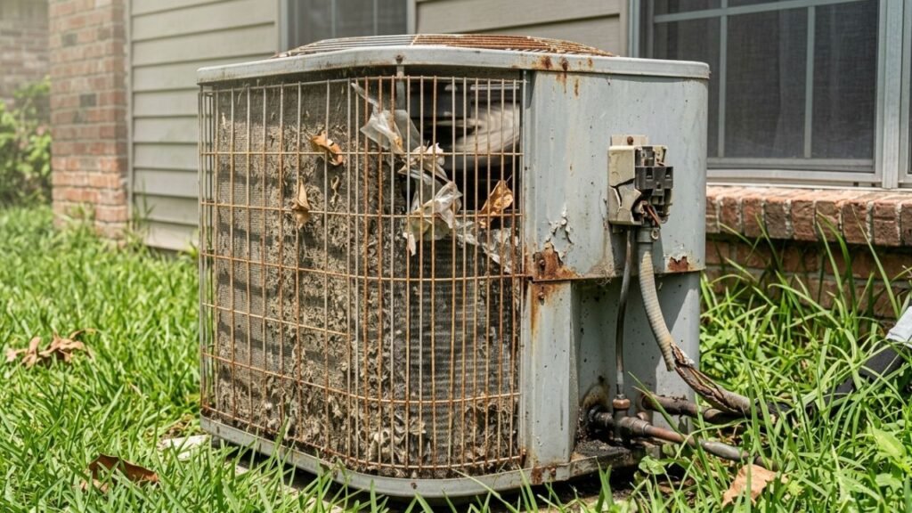 Outdoor AC unit showing early signs of failure