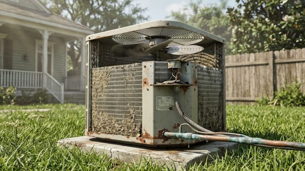 Outdoor AC unit showing early signs of failure in Gretna home