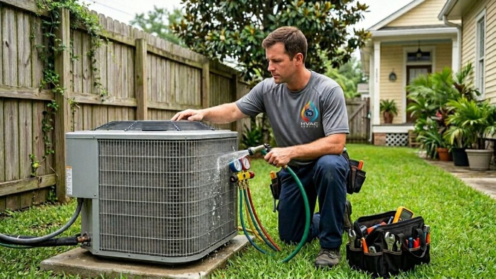 Professional HVAC service on outdoor condenser unit in Gretna home