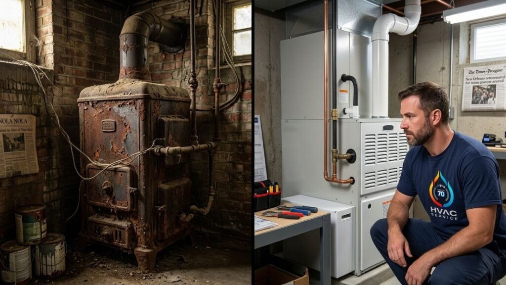 Professional HVAC technician performing heating repair in New Orleans home