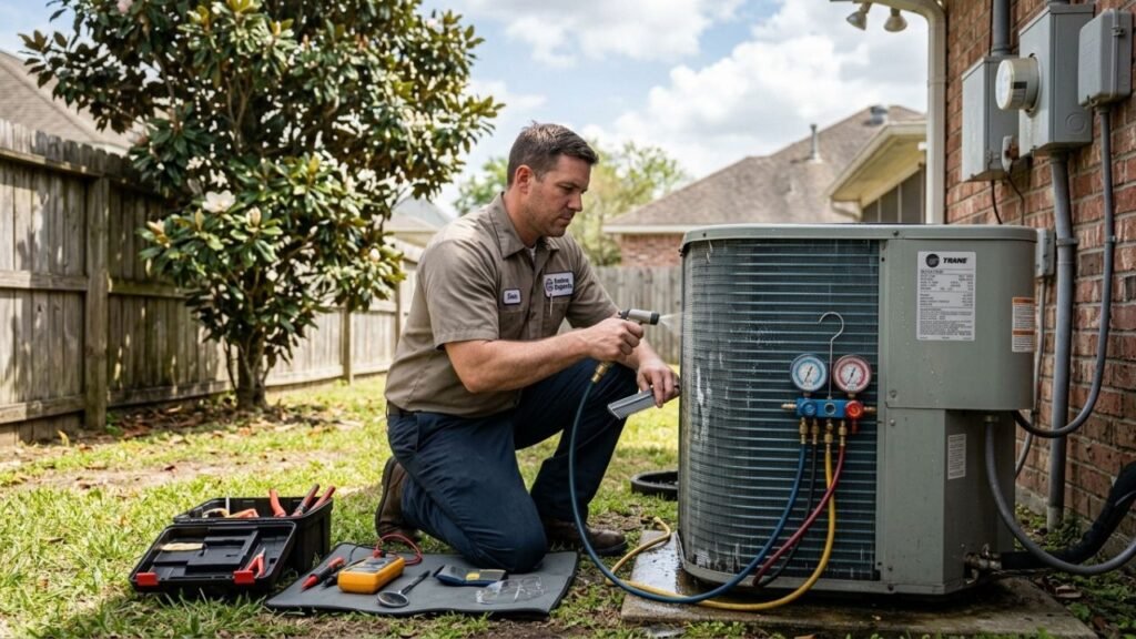 Professional HVAC technician performing maintenance to extend AC lifespan in Gretna home