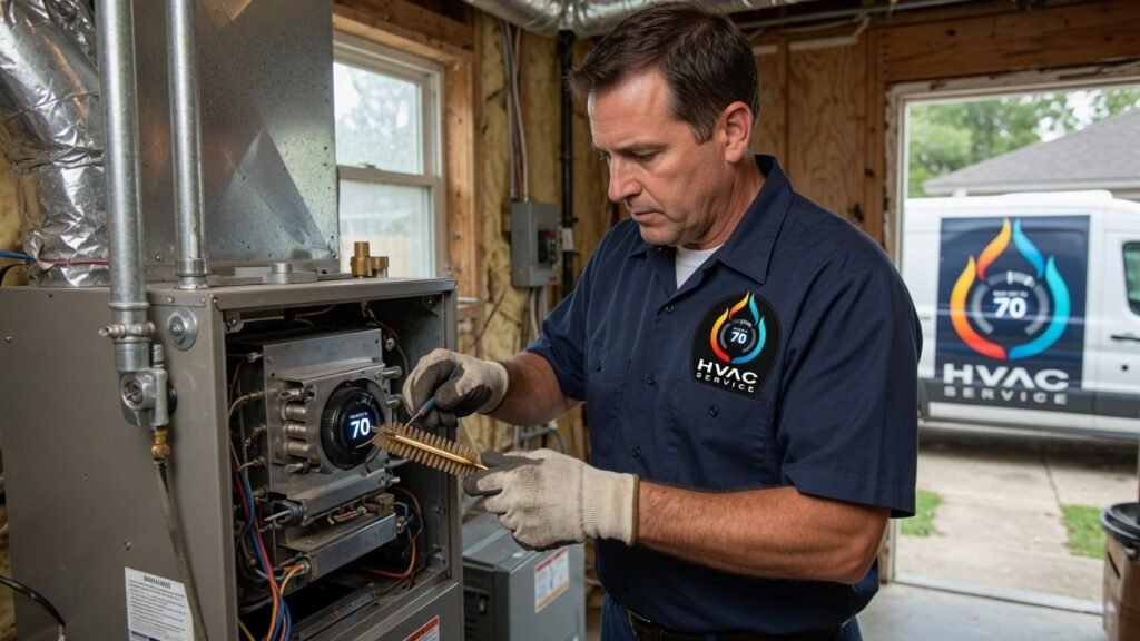 Professional HVAC technician performing preventive heating maintenance