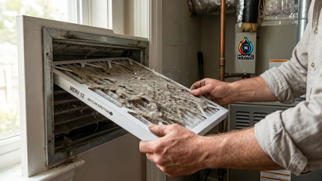 Professional HVAC technician performing spring AC maintenance