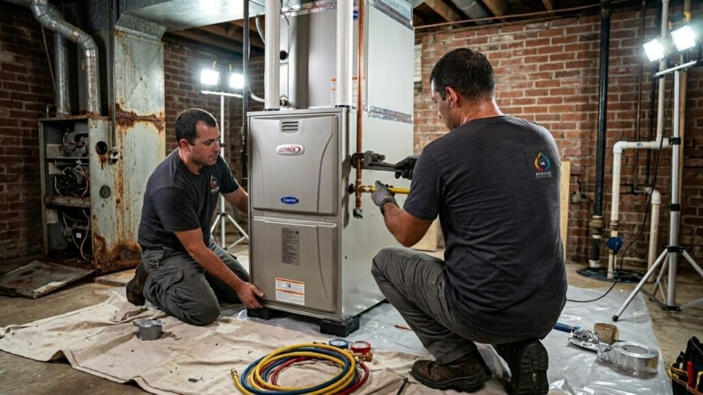 Professional HVAC technicians installing new heating system
