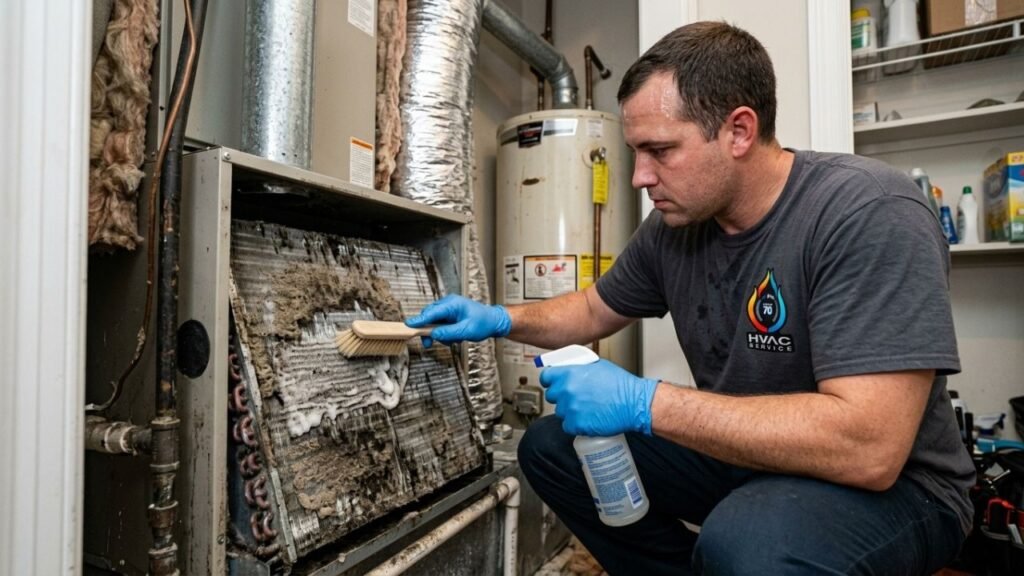 Professional cleaning of dirty AC evaporator coil causing uneven cooling