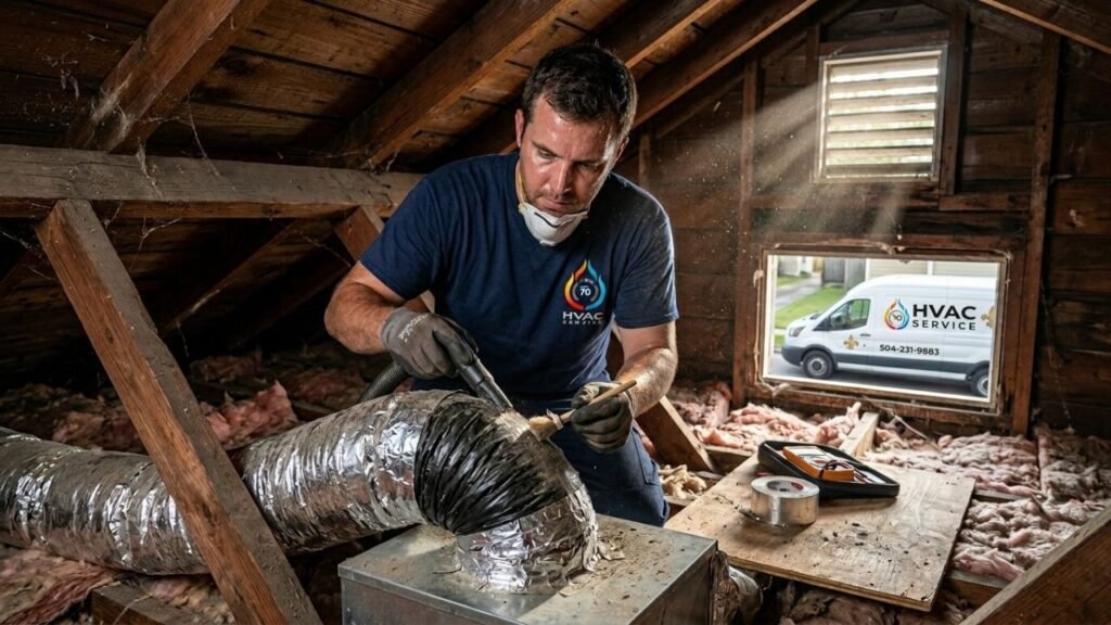 Professional ductwork maintenance in New Orleans home attic