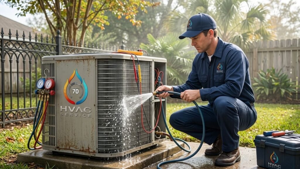 Professional heating system maintenance on outdoor heat pump in Gretna LA