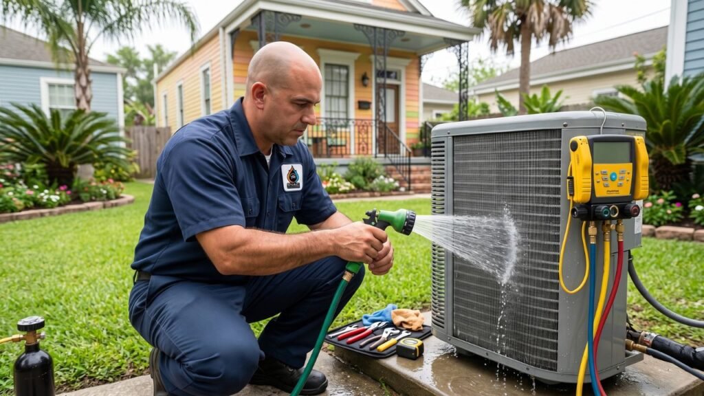 Professional technician cleaning outdoor AC condenser during spring