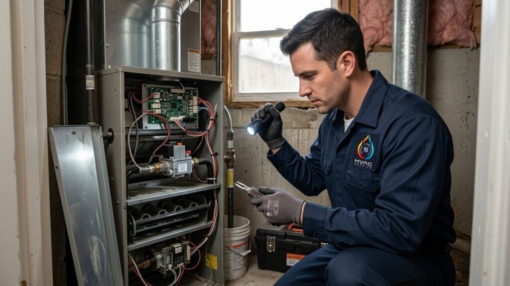 Professional technician performing heating system service in Gretna home