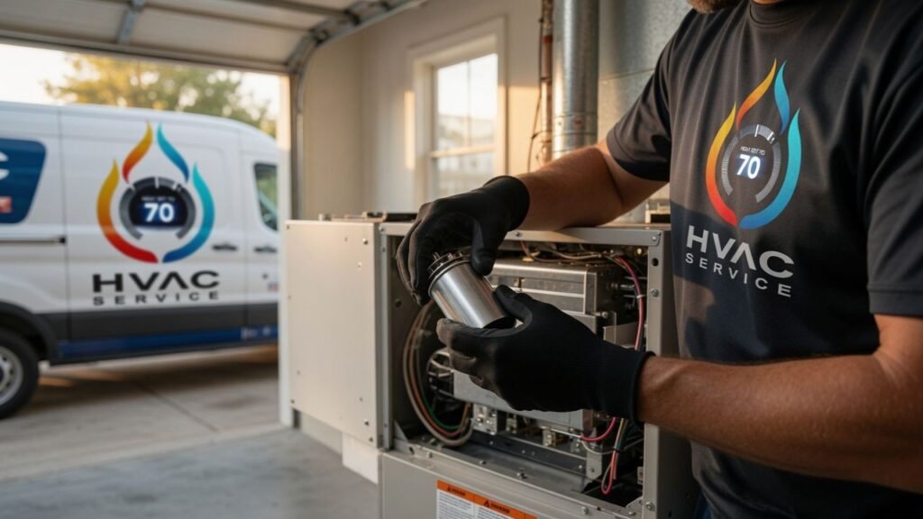 Professional technician replacing parts during same-day furnace repair