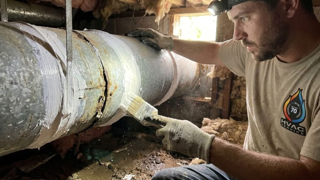 Professional technician sealing ductwork leaks in New Orleans home