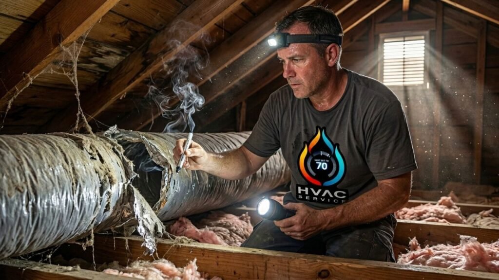Professional technician sealing leaky ductwork in New Orleans home