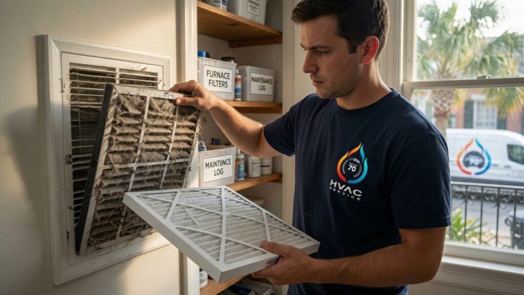 Replacing air filter to prevent expensive heating repairs in New Orleans home