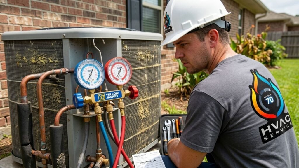 Technician checking refrigerant levels to fix one hot room in New Orleans