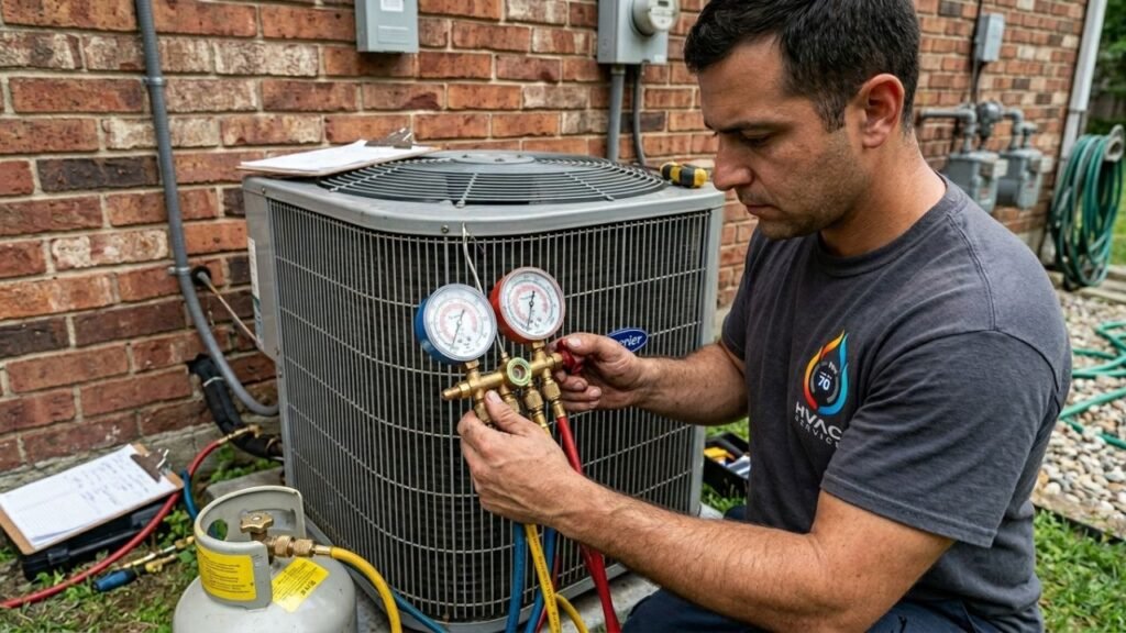 Technician diagnosing low refrigerant in Pearl River AC system