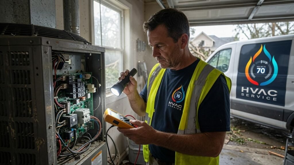 Technician repairing outdoor heat pump in Gretna LA