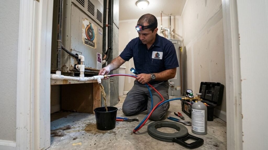 Clearing clogged AC drain line without new parts