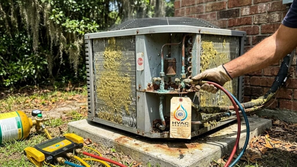Dirty AC condenser unit in Covington LA heat