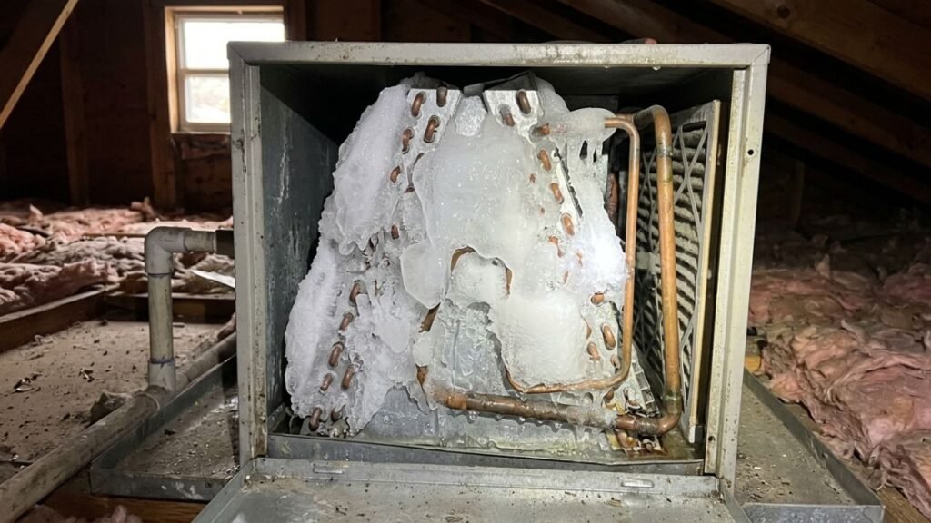 Frozen AC coils indicating low refrigerant need for recharge