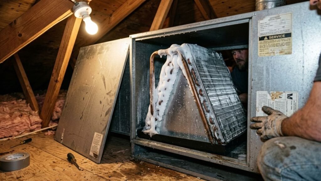 Frozen indoor HVAC evaporator coil showing ice buildup.