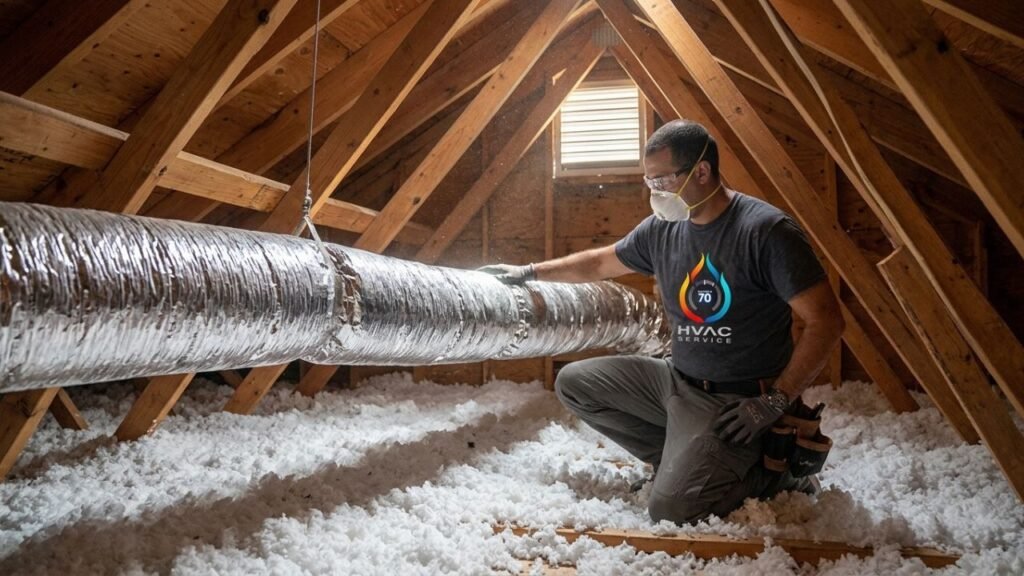 HVAC technician checking flexible ductwork in attic