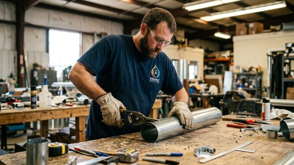 HVAC technician cutting galvanized sheet metal ductwork