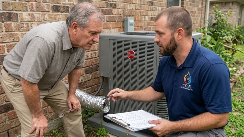 HVAC technician explaining ductwork inspection findings