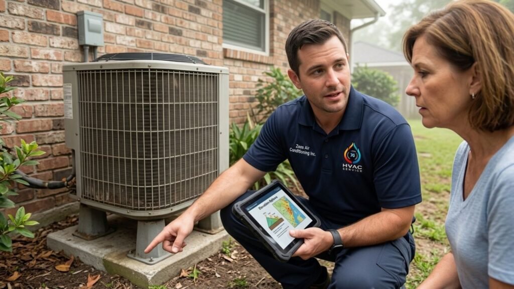 HVAC technician explaining flood damage risks and elevation options to homeowner