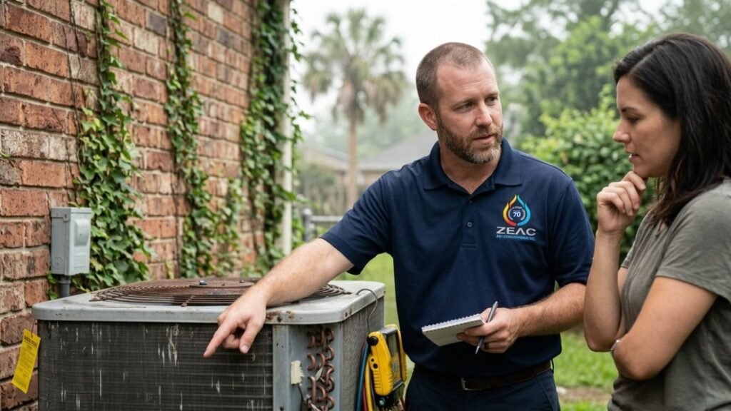 HVAC technician explaining storm protection tips to homeowner next to outdoor AC unit