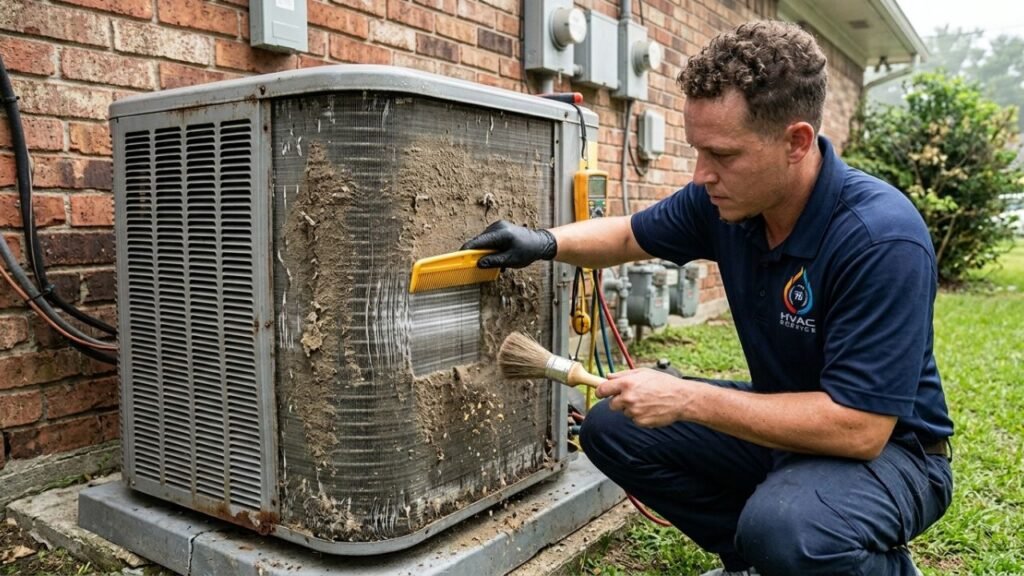 HVAC technician inspecting and brushing heavily soiled AC condenser