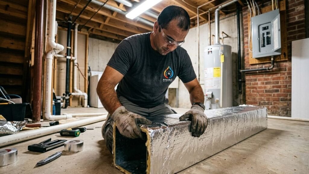 HVAC technician insulating a rigid metal duct trunk.