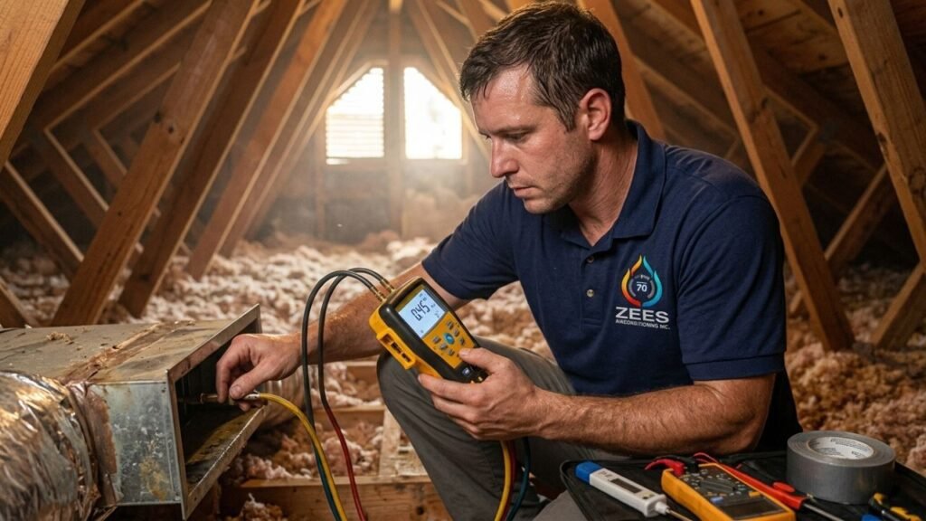 HVAC technician measuring duct static pressure in attic