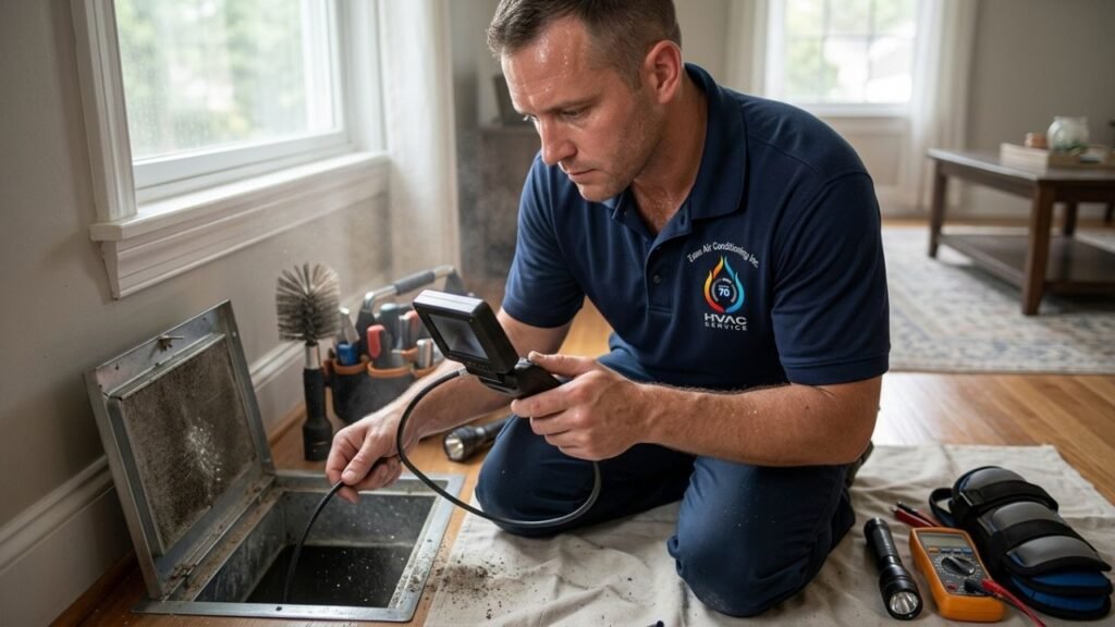 HVAC technician performing duct inspection through an open air vent in a home