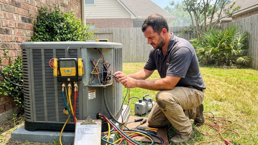 HVAC technician repairing AC compressor in Covington LA