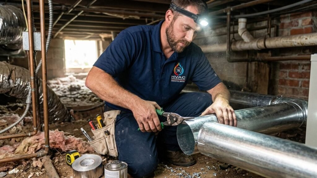 HVAC technician replacing undersized ductwork