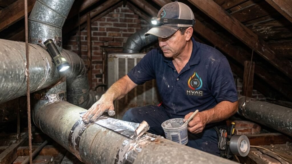 HVAC technician sealing leaking duct joints