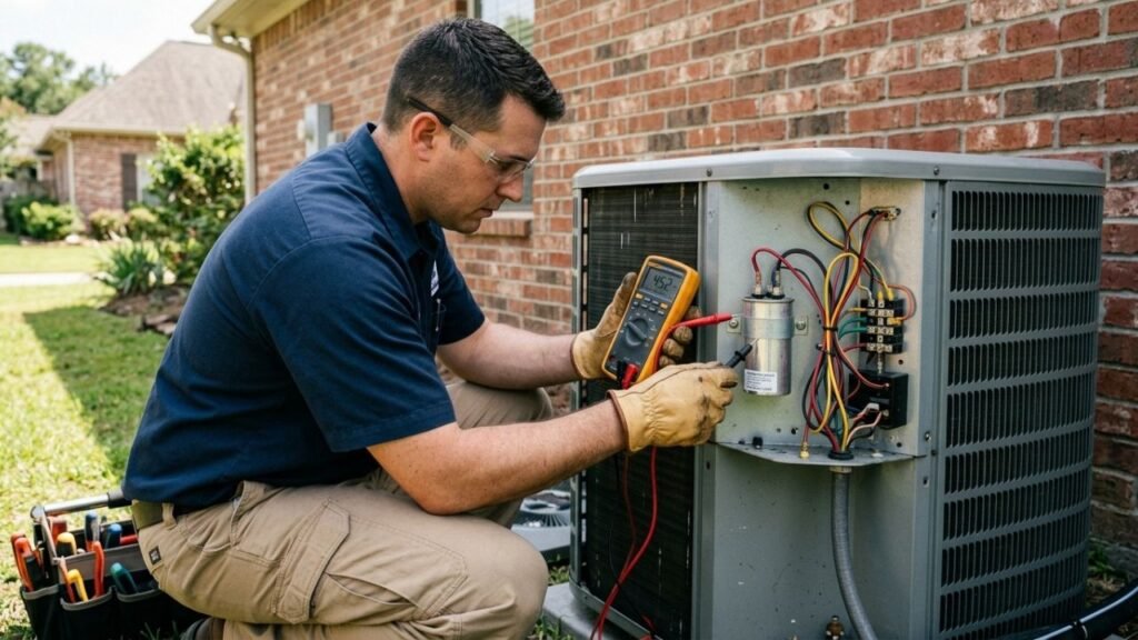 HVAC technician testing capacitor on outdoor AC unit.
