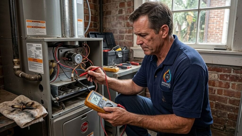 HVAC technician testing furnace ignitor with digital multimeter